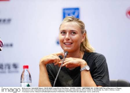 WUHAN, CHINA - SEPTEMBER 26: (CHINA OUT) Maria Sharapova of Russia addresses a new conference during the 2015 Wuhan Open at Optics Vally International Tennis Center on September 26, 2015 in Wuhan, Hubei Province of China.  CFP473455359 