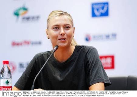 WUHAN, CHINA - SEPTEMBER 26: (CHINA OUT) Maria Sharapova of Russia addresses a new conference during the 2015 Wuhan Open at Optics Vally International Tennis Center on September 26, 2015 in Wuhan, Hubei Province of China.  CFP473455360 