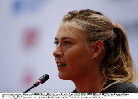 WUHAN, CHINA - SEPTEMBER 26: (CHINA OUT) Maria Sharapova of Russia addresses a new conference during the 2015 Wuhan Open at Optics Vally International Tennis Center on September 26, 2015 in Wuhan, Hubei Province of China.  CFP473455362 