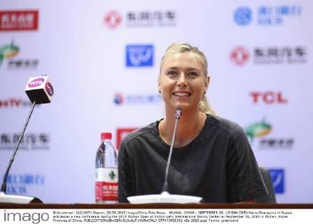 WUHAN, CHINA - SEPTEMBER 26: (CHINA OUT) Maria Sharapova of Russia addresses a new conference during the 2015 Wuhan Open at Optics Vally International Tennis Center on September 26, 2015 in Wuhan, Hubei Province of China.  CFP473455361 