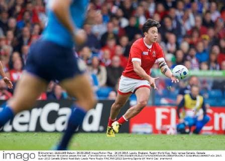 26.09.2015. Leeds, England. Rugby World Cup. Italy versus Canada. Canada fly-half Nathan Hirayama passes the ball. xTimxWilliamsx  ActionPlus11664807