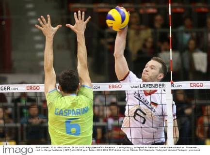 Ludwigsburg , Volleyball 4- Nationen Turnier Deutschland vs. Slowenien , rechts: Genys Kaliberda ( GER )