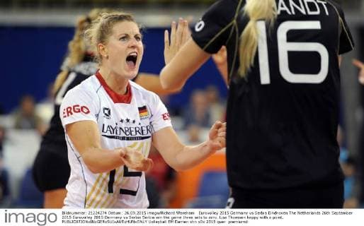 Eurovolley 2015 Germany vs Serbia Eindhoven The Netherlands 26th September 2015 Eurovolley 2015 Germany vs Serbia Serbia win the game three sets to zero. Lisa Thomsen happy with a point. 