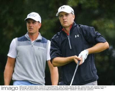 Sept. 26, 2015 - Atlanta, GA, USA - Jordan Spieth, right, watches his drive on the 3rd tee with Henrik Stenson looking on in the third round of the Tour Championship at East Lake Golf Club in Atlanta on Saturday, Sept. 26, 2015. Tour Championship, third round - ZUMAm67_