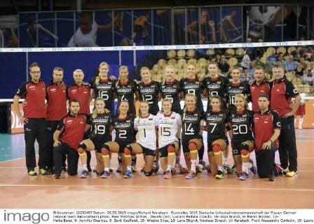 Eurovolley 2015 Deutsche Volleyballnationalmannschaft der Frauen German national team Nationalteam photo. Rear Matthias Willnat , Davide Carli, Luciano Pedulla (coach), 16- Anja Brandt, 4- Maren Brinker, 12- Heike Beier, 6- Jennifer Geerties, 8- Berit Kauffeldt, 18- Wiebke Silge, 10- Lena Stigrot, Nicolaus Streich, Uli Henatsch. Front Alessandro Contadin, 19- Laura Wiehenmaier, 2- Kathleen Weiss, 1- Lenka Duerr, 15- Lisa Thomsen, 14- Margareta Anna Kozuch (c), 7- Jennifer Pettke, Mareen Apitz, Ricardo Boieri.