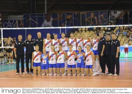 Eurovolley 2015 The Serbian national team Nationalteam before the game. Rear 15- Jovana Stevanovic, 13- Ana Bjelica, 19- Tijana Boskovic , 12- Jelena Nikolic, 16- Milena Rasic, 9- Brankica Mihajlovic, 21- Bianka Busa, Front 5- Mina Popovic, 18- Suzana Cebic , 10- Maja Ognjenovic (c), 11- Stefana Veljkovic, 4- Bojana Zivkovic, 17- Silvija Popovic, 6- Tijana Malesevic.