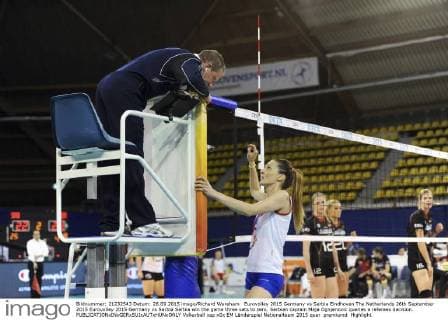 Eurovolley 2015 Germany vs Serbia Eindhoven The Netherlands 26th September 2015 Eurovolley 2015 Germany vs Serbia Serbia win the game three sets to zero. Serbian captain Maja Ognjenovic queries a referees decision. 