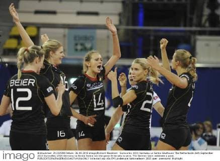 Eurovolley 2015 Germany vs Serbia Eindhoven The Netherlands 26th September 2015 Eurovolley 2015 Germany vs Serbia Serbia win the game three sets to zero. The German team celebrate a point. 