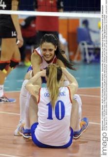 Eurovolley 2015 Germany vs Serbia Eindhoven The Netherlands 26th September 2015 Eurovolley 2015 Germany vs Serbia Serbia win the game three sets to zero. Serbian joy at the victor 10- Maja Ognjenovic (c) is pulled to her feet by 11- Stefana Veljkovic 