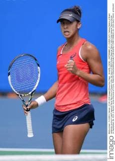 WUHAN, CHINA - SEPTEMBER 27: (CHINA OUT) Teliana Pereira of Brazil celebrats during a match against Daria Gavrilova of Russia in the fist round of 2015 Wuhan Open at Optics Vally International Tennis Center on September 26, 2015 in Wuhan, Hubei Province of China.  CFP473508532 