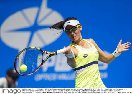 WUHAN, CHINA - SEPTEMBER 27: (CHINA OUT) Saisai Zheng of China returns a shot against Varvara Lepchenko of America during a match in the fist round of 2015 Wuhan Open at Optics Vally International Tennis Center on September 27, 2015 in Wuhan, Hubei Province of China.  CFP473508752 