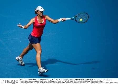 WUHAN, CHINA - SEPTEMBER 27: (CHINA OUT) Varvara Lepchenko of America returns a shot against Saisai Zheng of China during a match in the fist round of 2015 Wuhan Open at Optics Vally International Tennis Center on September 27, 2015 in Wuhan, Hubei Province of China.  CFP473508762 