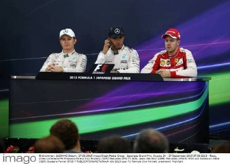 Japanese Grand Prix, Suzuka 24 - 27 September 2015 27.09.2015 - Race, press conference PK Pressekonferenz Nico Rosberg (GER) Mercedes AMG F1 W06, Lewis Hamilton (GBR) Mercedes AMG F1 W06 and Sebastian Vettel (GER) Scuderia Ferrari SF15-T 