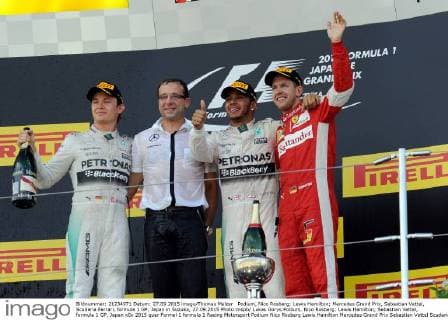 Podium, Nico Rosberg; Lewis Hamilton; Mercedes Grand Prix, Sebastian Vettel, Scuderia Ferrari, formula 1 GP, Japan in Suzuka, 27.09.2015 Photo:mspb Lukas Gorys Podium, Nico Rosberg; Lewis Hamilton; Sebastian Vettel, formula 1 GP, Japan