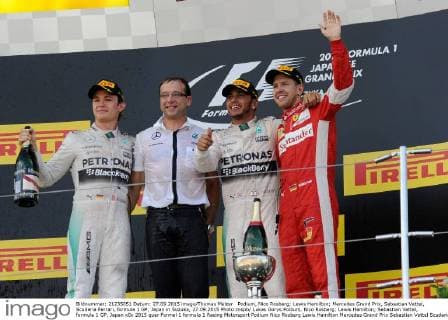 Podium, Nico Rosberg; Lewis Hamilton; Mercedes Grand Prix, Sebastian Vettel, Scuderia Ferrari, formula 1 GP, Japan in Suzuka, 27.09.2015 Photo:mspb Lukas Gorys Podium, Nico Rosberg; Lewis Hamilton; Sebastian Vettel, formula 1 GP, Japan