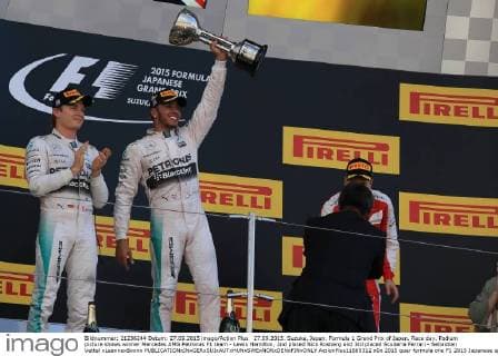 27.09.2015. Suzuka, Japan. Formula 1 Grand Prix of Japan. Race day. Podium picture shows winner Mercedes AMG Petronas F1 team - Lewis Hamilton, 2nd placed Nico Rosberg and 3rd placed Scuderia Ferrari - Sebastian Vettel xLeannexBoonx  ActionPlus11665312