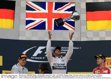27.09.2015. Suzuka, Japan. Formula 1 Grand Prix of Japan. Race day. Podium picture shows winner Mercedes AMG Petronas F1 team - Lewis Hamilton, 2nd placed Nico Rosberg and 3rd placed Scuderia Ferrari - Sebastian Vettel x  ActionPlus11665302