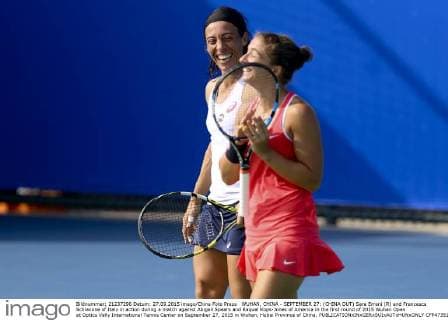 WUHAN, CHINA - SEPTEMBER 27: (CHINA OUT) Sara Errani (R) and Francesca Schiavone of Italy in action during a match against Abigail Spears and Raquel Kops-Jones of America in the first round of 2015 Wuhan Open at Optics Vally International Tennis Center on September 27, 2015 in Wuhan, Hubei Province of China.  CFP473517178 