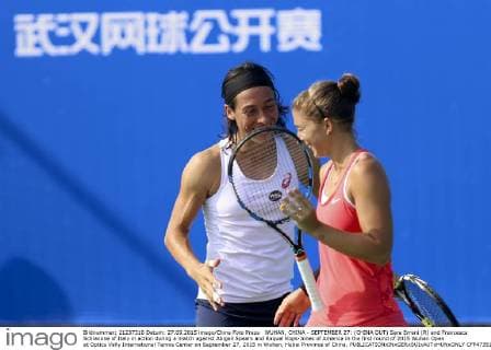 WUHAN, CHINA - SEPTEMBER 27: (CHINA OUT) Sara Errani (R) and Francesca Schiavone of Italy in action during a match against Abigail Spears and Raquel Kops-Jones of America in the first round of 2015 Wuhan Open at Optics Vally International Tennis Center on September 27, 2015 in Wuhan, Hubei Province of China.  CFP473517179 