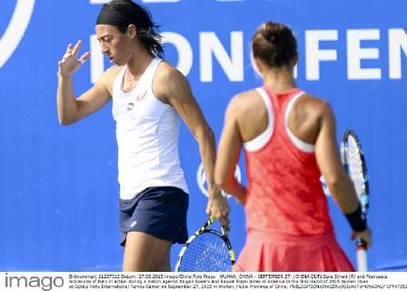 WUHAN, CHINA - SEPTEMBER 27: (CHINA OUT) Sara Errani (R) and Francesca Schiavone of Italy in action during a match against Abigail Spears and Raquel Kops-Jones of America in the first round of 2015 Wuhan Open at Optics Vally International Tennis Center on September 27, 2015 in Wuhan, Hubei Province of China.  CFP473517183 