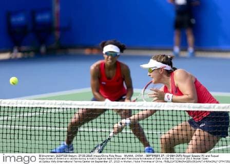 WUHAN, CHINA - SEPTEMBER 27: (CHINA OUT) Abigail Spears (R) and Raquel Kops-Jones of America in action during a match against Sara Errani and Francesca Schiavone of Italy in the first round of 2015 Wuhan Open at Optics Vally International Tennis Center on September 27, 2015 in Wuhan, Hubei Province of China.  CFP473517186 