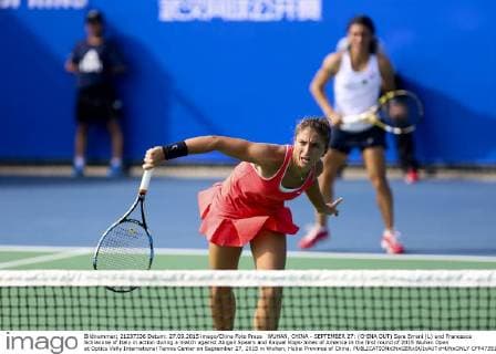 WUHAN, CHINA - SEPTEMBER 27: (CHINA OUT) Sara Errani (L) and Francesca Schiavone of Italy in action during a match against Abigail Spears and Raquel Kops-Jones of America in the first round of 2015 Wuhan Open at Optics Vally International Tennis Center on September 27, 2015 in Wuhan, Hubei Province of China.  CFP473517184 