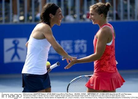 WUHAN, CHINA - SEPTEMBER 27: (CHINA OUT) Sara Errani (R) and Francesca Schiavone of Italy in action during a match against Abigail Spears and Raquel Kops-Jones of America in the first round of 2015 Wuhan Open at Optics Vally International Tennis Center on September 27, 2015 in Wuhan, Hubei Province of China.  CFP473517185 