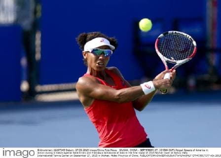 WUHAN, CHINA - SEPTEMBER 27: (CHINA OUT) Abigail Spears of America in action during a match against Sara Errani and Francesca Schiavone of Italy in the first round of 2015 Wuhan Open at Optics Vally International Tennis Center on September 27, 2015 in Wuhan, Hubei Province of China.  CFP473517177 