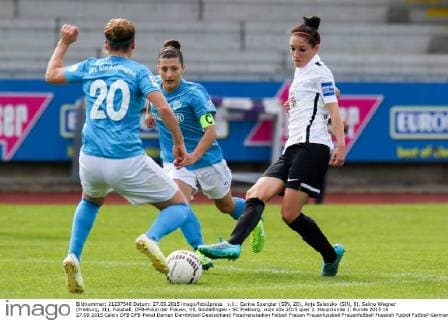 v.li.: Carina Spengler (SIN, 20), Anja Selensky (SIN, 8), Selina Wagner (Freiburg, 31), Fussball, DFB-Pokal der Frauen, VfL Sindelfingen - SC Freiburg, xozx