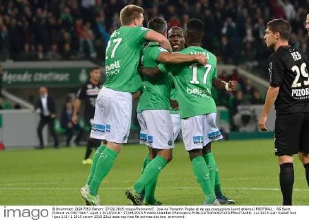 Joie de Florentin Pogba et de ses coequipiers (saint etienne) FOOTBALL : AS Saint Etienne vs OGC Nice - Ligue 1 2015 2016 - 27 09 2015 FredericChambert Panoramic 