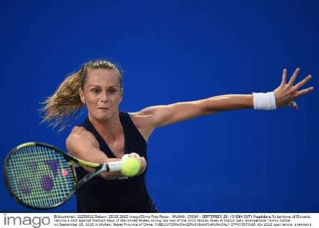 WUHAN, CHINA - SEPTEMBER 28: (CHINA OUT) Magdalena Rybarikova of Slovakia returns a shot against Madison Keys of the United States during day two of the 2015 Wuhan Open at Optics Vally International Tennis Center on September 28, 2015 in Wuhan, Hubei Province of China.  CFP473573168 