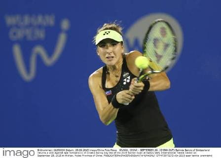 WUHAN, CHINA - SEPTEMBER 28: (CHINA OUT) Belinda Bencic of Switzerland returns a shot against Ajla Tomljanovic of Croatia during day two of the 2015 Wuhan Open at Optics Vally International Tennis Center on September 28, 2015 in Wuhan, Hubei Province of China.  CFP473573273 
