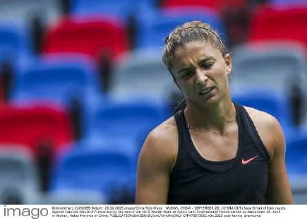 WUHAN, CHINA - SEPTEMBER 28: (CHINA OUT) Sara Errani of Italy reacts against Caroline Garcia of France during day two of the 2015 Wuhan Open at Optics Vally International Tennis Center on September 28, 2015 in Wuhan, Hubei Province of China.  CFP473573661 