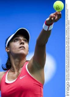 WUHAN, CHINA - SEPTEMBER 28: (CHINA OUT) Caroline Garcia of France serves to Sara Errani of Italy during day two of the 2015 Wuhan Open at Optics Vally International Tennis Center on September 28, 2015 in Wuhan, Hubei Province of China.  CFP473573665 