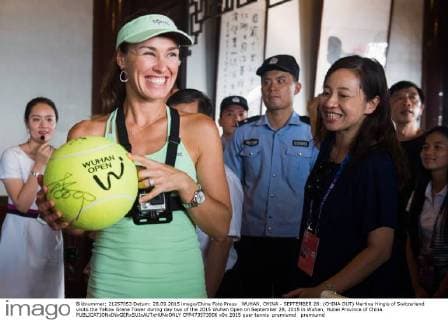 WUHAN, CHINA - SEPTEMBER 28: (CHINA OUT) Martina Hingis of Switzerland visits the Yellow Grane Tower during day two of the 2015 Wuhan Open on September 28, 2015 in Wuhan, Hubei Province of China.  CFP473573906 