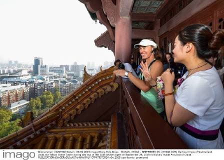 WUHAN, CHINA - SEPTEMBER 28: (CHINA OUT) Martina Hingis of Switzerland visits the Yellow Grane Tower during day two of the 2015 Wuhan Open on September 28, 2015 in Wuhan, Hubei Province of China.  CFP473573924 