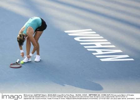 WUHAN, CHINA - SEPTEMBER 28: (CHINA OUT) Mirjana Lucic-Baroni of Croatia reacts against Karolina Pliskova of the Czech Republic during day two of the 2015 Wuhan Open at Optics Vally International Tennis Center on September 28, 2015 in Wuhan, Hubei Province of China.  CFP473573957 