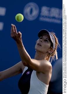 WUHAN, CHINA - SEPTEMBER 28: (CHINA OUT) Tsvetana Pironkova of Bulgaria serves to Camila Giorgi of Italy during day two of the 2015 Wuhan Open at Optics Vally International Tennis Center on September 28, 2015 in Wuhan, Hubei Province of China.  CFP473573970 