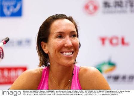 WUHAN, CHINA - SEPTEMBER 28: (CHINA OUT) Jelena Jankovic of Serbia attends a press conference PK Pressekonferenz during day two of the 2015 Wuhan Open at Optics Vally International Tennis Center on September 28, 2015 in Wuhan, Hubei Province of China.  CFP473574219 