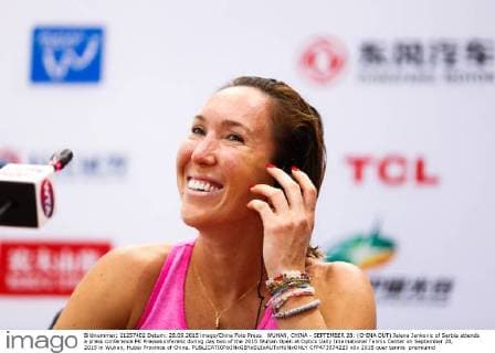 WUHAN, CHINA - SEPTEMBER 28: (CHINA OUT) Jelena Jankovic of Serbia attends a press conference PK Pressekonferenz during day two of the 2015 Wuhan Open at Optics Vally International Tennis Center on September 28, 2015 in Wuhan, Hubei Province of China.  CFP473574223 