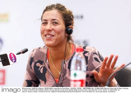 WUHAN, CHINA - SEPTEMBER 28: (CHINA OUT) Garbine Muguruza of Spain attends a press conference PK Pressekonferenz during day two of the 2015 Wuhan Open at Optics Vally International Tennis Center on September 28, 2015 in Wuhan, Hubei Province of China.  CFP473574265 