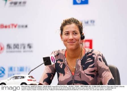WUHAN, CHINA - SEPTEMBER 28: (CHINA OUT) Garbine Muguruza of Spain attends a press conference PK Pressekonferenz during day two of the 2015 Wuhan Open at Optics Vally International Tennis Center on September 28, 2015 in Wuhan, Hubei Province of China.  CFP473574271 