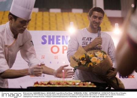 SHENZHEN, CHINA - SEPTEMBER 28: (CHINA OUT) Marin Cilic of Croatia celebrates his 27th birthday during day one of the 2015 Shenzhen Open ATP Tennis Herren World Tour on September 28, 2015 in Shenzhen, Guangdong Province of China.  CFP473573494 