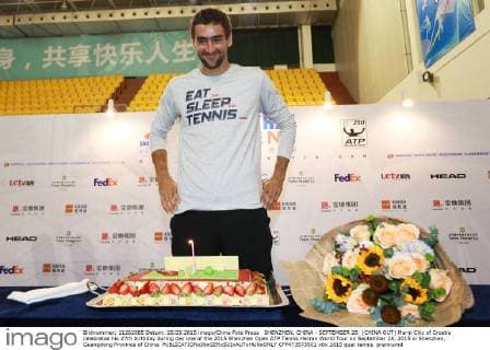 SHENZHEN, CHINA - SEPTEMBER 28: (CHINA OUT) Marin Cilic of Croatia celebrates his 27th birthday during day one of the 2015 Shenzhen Open ATP Tennis Herren World Tour on September 28, 2015 in Shenzhen, Guangdong Province of China.  CFP473573501 