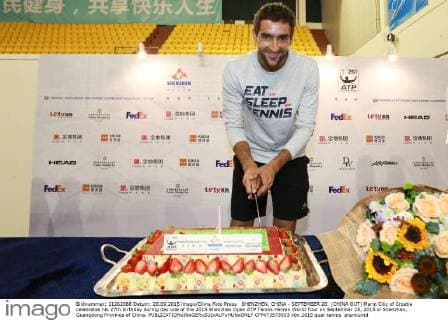 SHENZHEN, CHINA - SEPTEMBER 28: (CHINA OUT) Marin Cilic of Croatia celebrates his 27th birthday during day one of the 2015 Shenzhen Open ATP Tennis Herren World Tour on September 28, 2015 in Shenzhen, Guangdong Province of China.  CFP473573503 