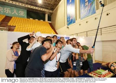 SHENZHEN, CHINA - SEPTEMBER 28: (CHINA OUT) Marin Cilic of Croatia celebrates his 27th birthday during day one of the 2015 Shenzhen Open ATP Tennis Herren World Tour on September 28, 2015 in Shenzhen, Guangdong Province of China.  CFP473573504 