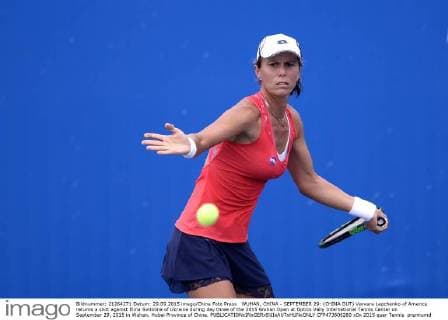 WUHAN, CHINA - SEPTEMBER 29: (CHINA OUT) Varvara Lepchenko of America returns a shot against Elina Svitolina of Ukraine during day three of the 2015 Wuhan Open at Optics Vally International Tennis Center on September 29, 2015 in Wuhan, Hubei Province of China.  CFP473606280 