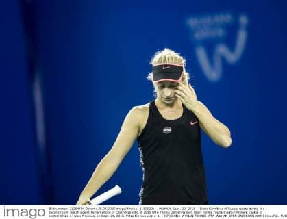 (150929) -- WUHAN, Sept. 29, 2015 -- Daria Gavrilova of Russia reacts during the second round match againt Petra Kvitova of Czech Republic at 2015 WTA Tennis Damen Wuhan Open Tennis Tournament in Wuhan, capital of central China s Hubei Province, on Sept. 29, 2015. Petra Kvitova won 2-1. ) (SP)CHINA-WUHAN-TENNIS-WTA-WUHAN OPEN-2ND ROUND(CN) XiaoxYijiu 