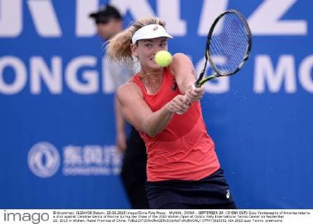 WUHAN, CHINA - SEPTEMBER 29: (CHINA OUT) Coco Vandeweghe of America returns a shot against Caroline Garcia of France during day three of the 2015 Wuhan Open at Optics Vally International Tennis Center on September 29, 2015 in Wuhan, Hubei Province of China.  CFP473610651 