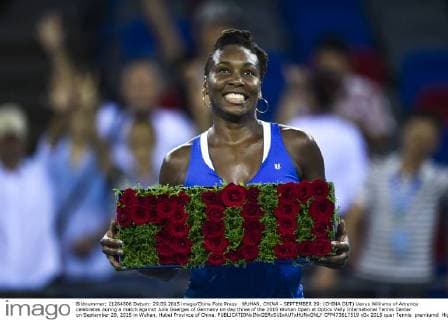 WUHAN, CHINA - SEPTEMBER 29: (CHINA OUT) Venus Williams of America celebrates during a match against Julia Goerges of Germany on day three of the 2015 Wuhan Open at Optics Vally International Tennis Center on September 29, 2015 in Wuhan, Hubei Province of China.  CFP473617519 